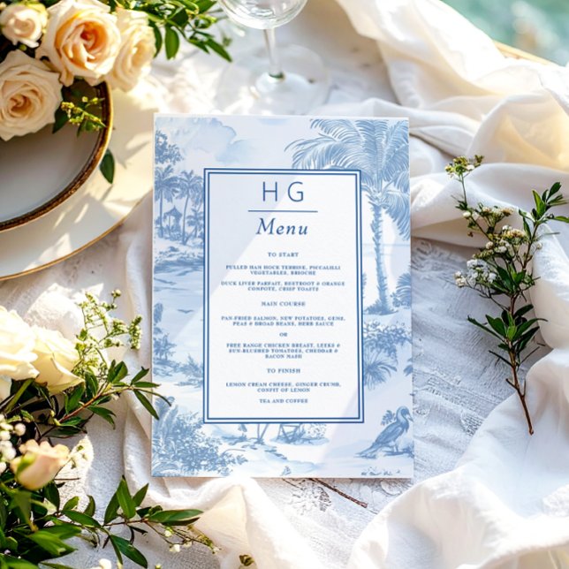 Blue Coastal Toile Wedding Dinner Reception Menu (Creator Uploaded)