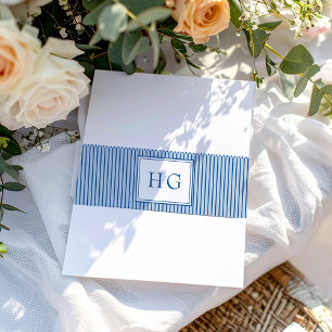 Blue Coastal Toile Wedding Monogram Invitation Belly Band