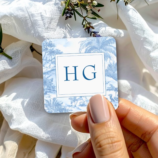 Blue Coastal Toile Wedding Monogram Square Sticker (Creator Uploaded)