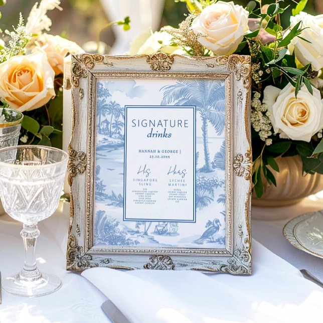 Blue Coastal Toile Wedding Signature Drinks sign (Creator Uploaded)