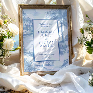 Blue Coastal Toile Wedding Welcome Reception sign