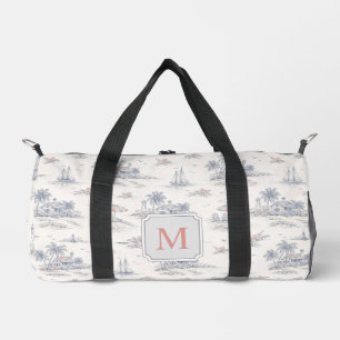 Blue Coastal Tropical French Toile Monogram Duffle Bag
