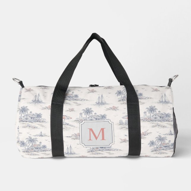 Blue Coastal Tropical French Toile Monogram Duffle Bag (Front)