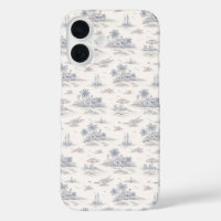 Blue Coastal Tropical French Toile Pattern