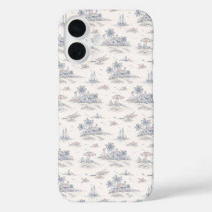 Blue Coastal Tropical French Toile Pattern iPhone 16 Case