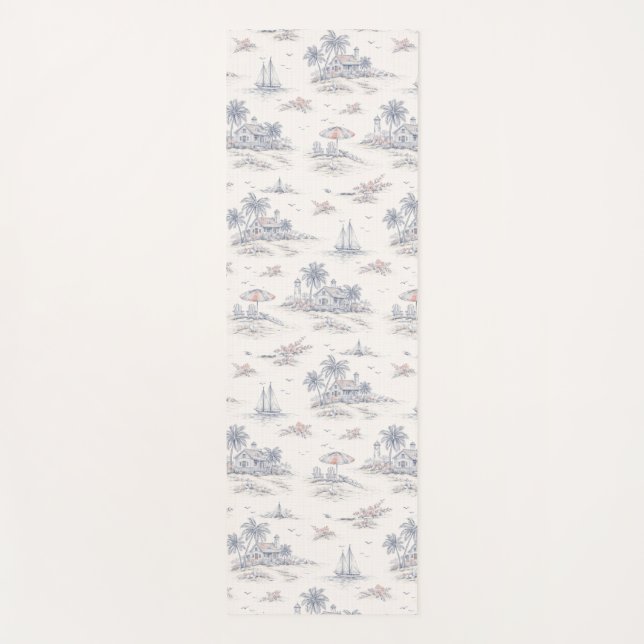 Blue Coastal Tropical French Toile Pattern Yoga Mat (Front)