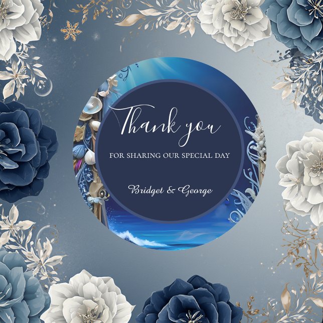 blue coastal vibe wedding classic round sticker (Creator Uploaded)