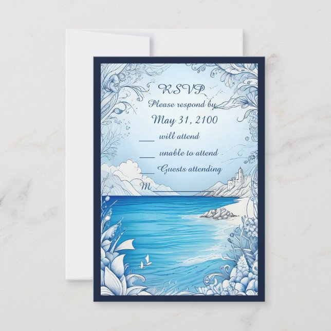 blue coastal vibe wedding rsvp card (Front)