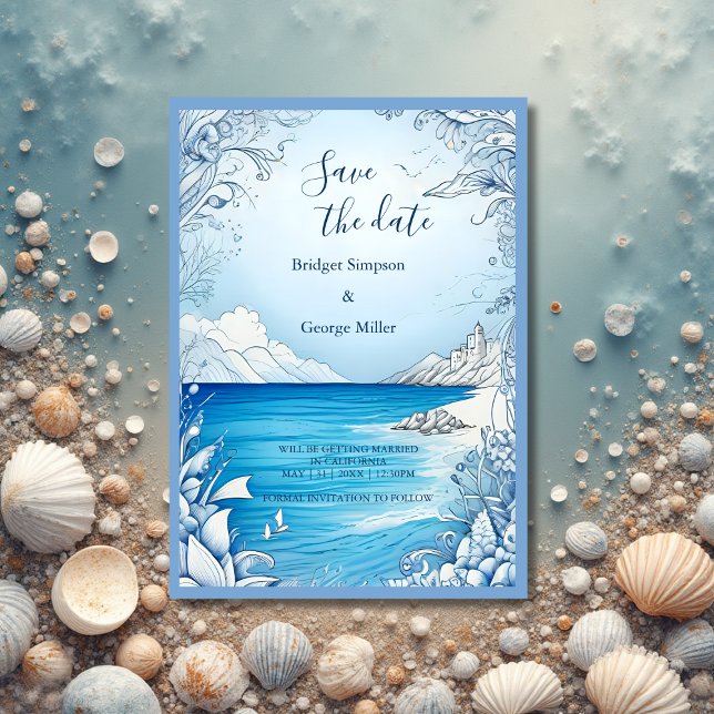blue coastal vibe wedding safe the date Invitation (Creator Uploaded)