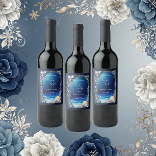 blue coastal vibe wedding wine label