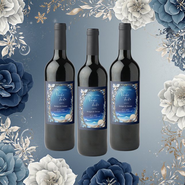 blue coastal vibe wedding wine label (Creator Uploaded)