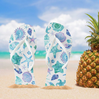 Blue Coastal Watercolor Sea shell and Starfish Jandals
