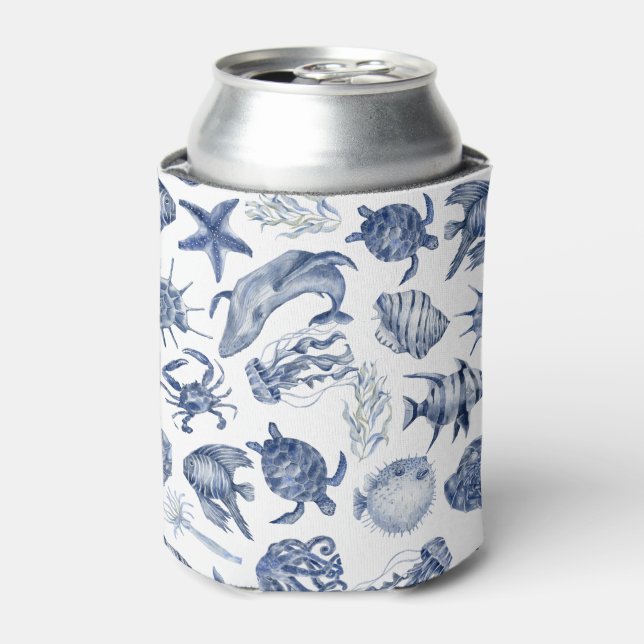 Blue Coastal Wedding Can Cooler (Can Front)