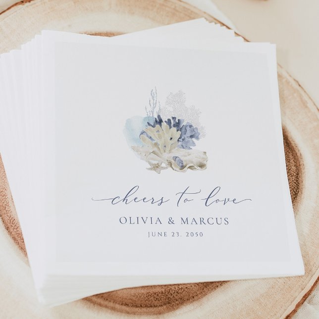 Blue Coastal Wedding Napkins Beach Seashell (Blue coastal wedding napkins with seashell design, elegant beach reception table decor)