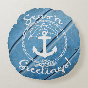 Blue Coastal Wood Seas 'n Greetings Round Cushion