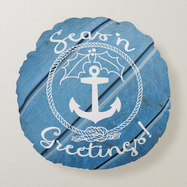 Blue Coastal Wood | Seas 'n Greetings Round Cushion (Front)