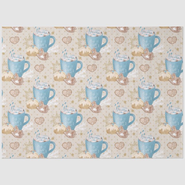 Blue Cocoa & Gingerbread Pattern on Beige Tissue Paper (Front)