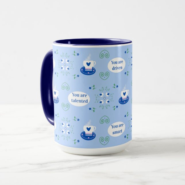Blue Coffee-Cup Affirmations Mug  (Front Left)