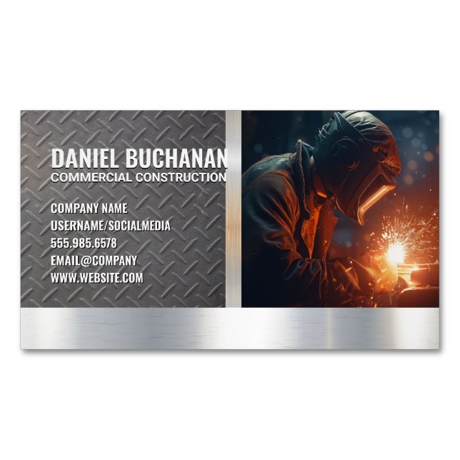 Blue Collar Welder Worker | Steel Sparks Magnetic Business Card (Front)