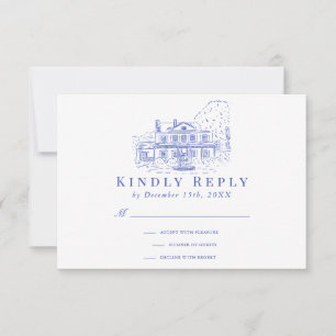Blue Colonial House/Mansion/Manor Wedding RSVP Card