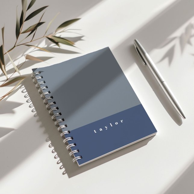 Blue Color Block Custom Name Notebook (Dusty blue color block personalizable notebook.)