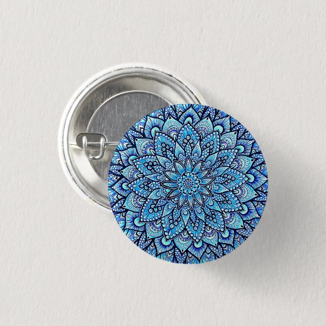 Blue Color Hand Drawn Mandala Design Pin Button (Front & Back)