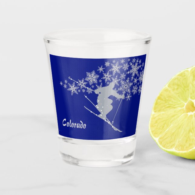 Blue Colorado Snowflake Snow Skier Shot Glass (Front)