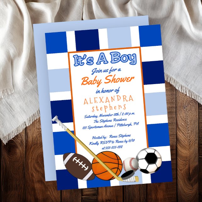 Blue Colour Block Sports It's a Boy Baby Shower Invitation (Blue Blocks Football Basketball Hockey Baseball Soccer Sports "It's A Boy" Baby Shower Invitation)