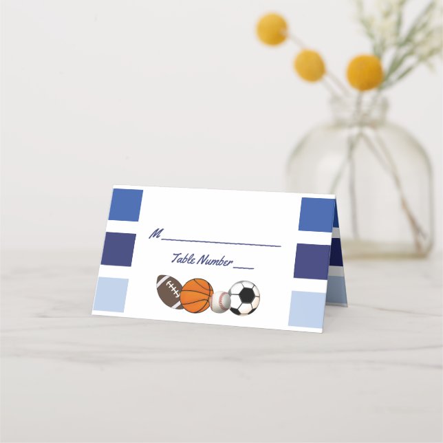Blue Colour Block Sports Party Place Cards (Front)