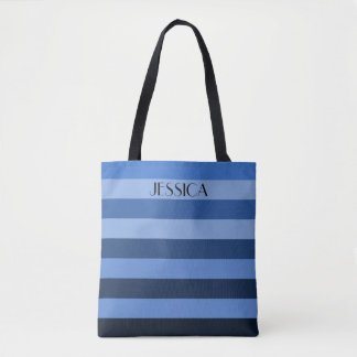 Blue Colour Block Stripes With Personalised Name Tote Bag