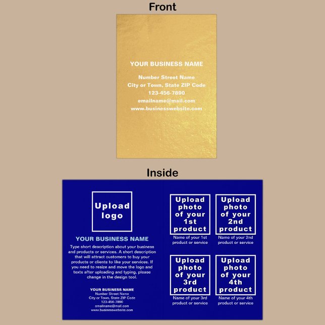 Blue Colour Business Brand on Foil Card (Your business brand on card with gold foil background. Blue background inside.)