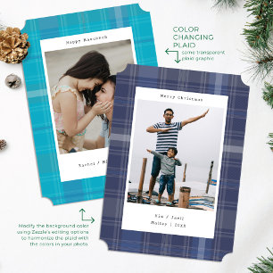 Blue Colour Changing Plaid Photo Christmas Card