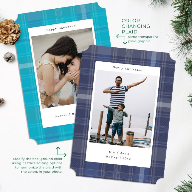Blue Colour Changing Plaid Photo Christmas Card (Creator Uploaded)