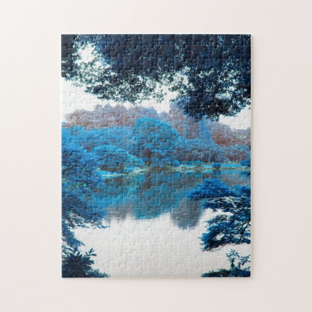 Blue colour effected cool, unique nature, lake jigsaw puzzle (Vertical)