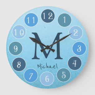 Blue Colour Palette Simple Monogram Kids Large Clock