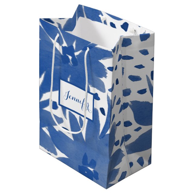 Blue Colour Personalised Floral Design Gift Bag (Front Angled)