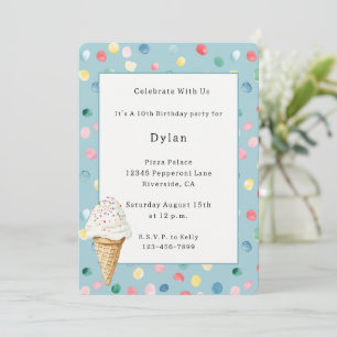 Blue Colourful Confetti Ice Cream Cone Birthday Invitation