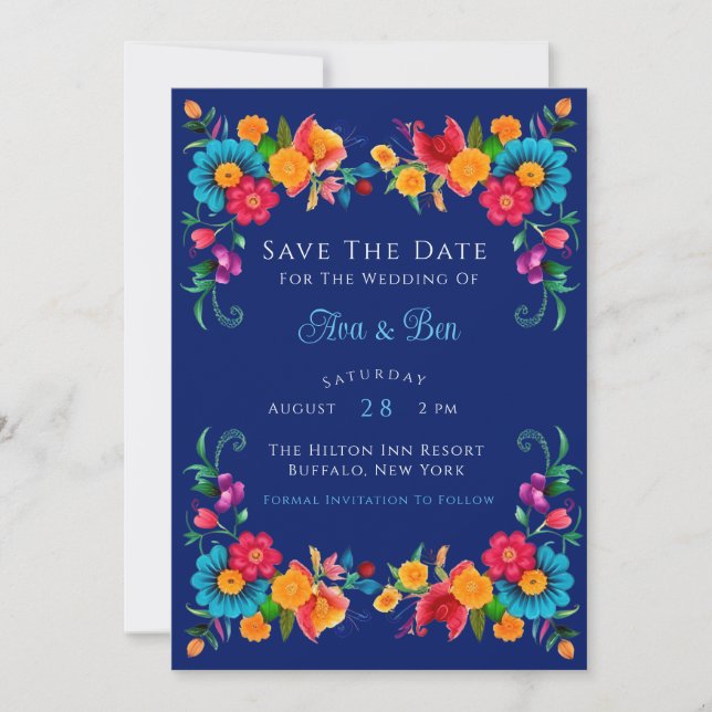 Blue & Colourful Fiesta Floral Save The Date Cards (Front)