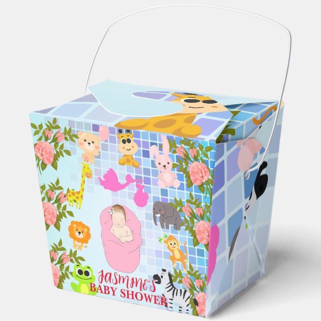 Blue Colourful Floral Animal Boho Girl Baby Shower Favour Box (Front)