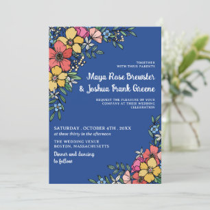 Blue Colourful Flowers Spring Summer Wedding Invitation