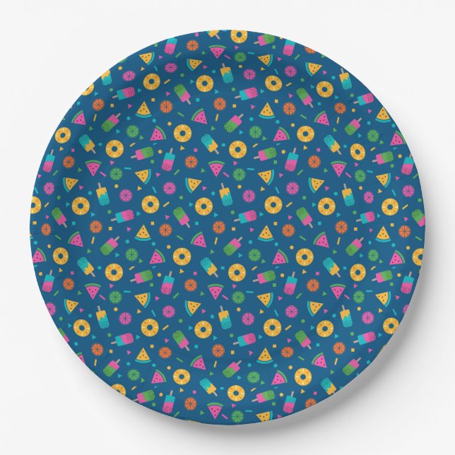 Blue colourful summer ice-cream pattern paper plate (Front)