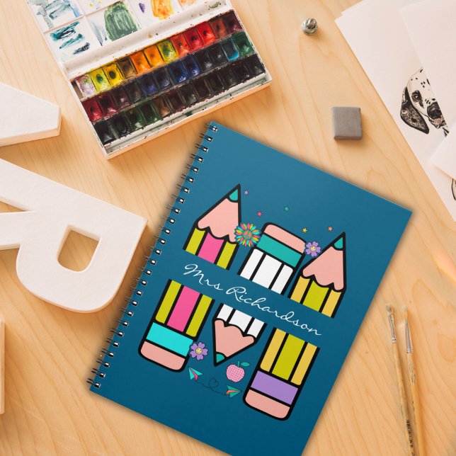 Blue Colourful teacher name pencil cartoon  Notebook (Creator Uploaded)