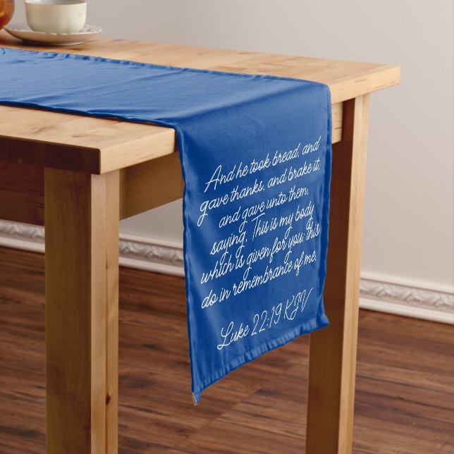 Blue Communion Table Runner Luke 20:19-20 KJV (In Situ)