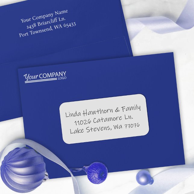 Blue Company Business Logo Pre-addressed 5x7 Envelope (solid blue Christmas card envelope, white logo address, business employee holiday greeting envelopes)