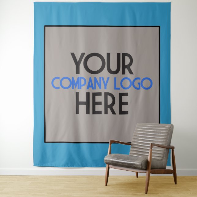Blue Company Business Trade Show Logo Backdrop Tapestry (In Situ)