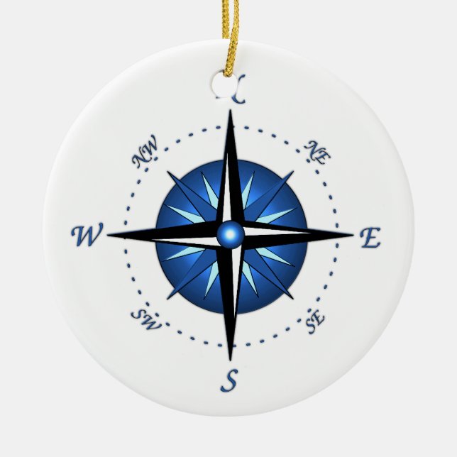 Blue Compass Rose Ceramic Tree Decoration (Front)
