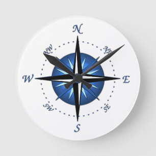 Blue Compass Rose Round Clock