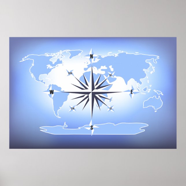 Blue Compass Rose World Map Print Poster (Front)