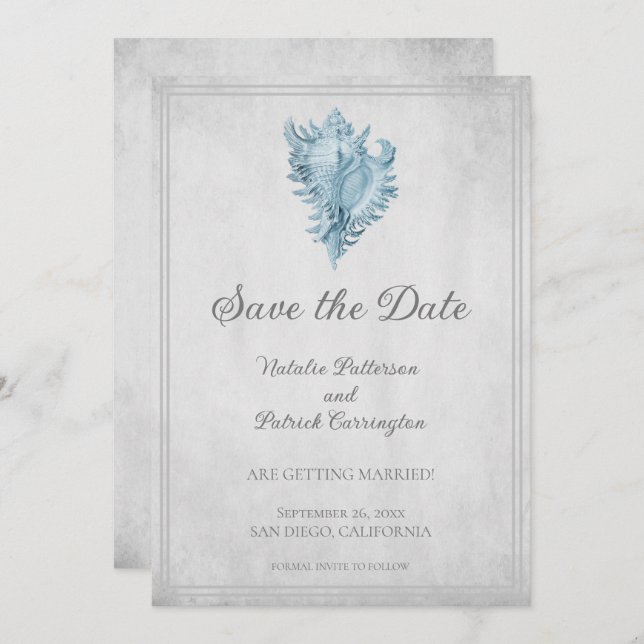 Blue Conch Shell Save the Date Invite (Front/Back)