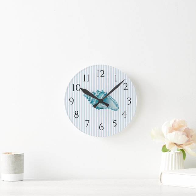 Blue Conch Shell Seashell Stripe Preppy Coastal Round Clock (Home)